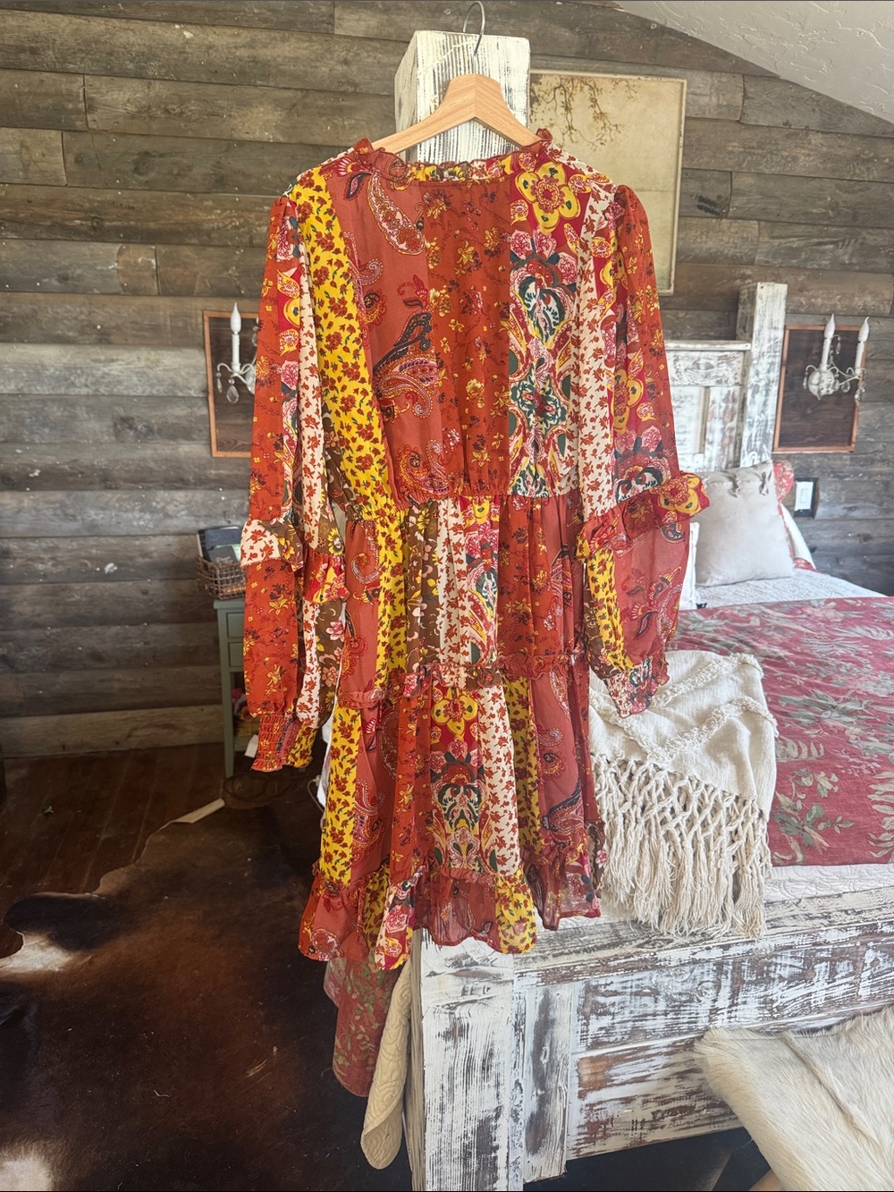 Boho Floral Ruffle Mini Dress - Rust Multi - Picture 4 of 4